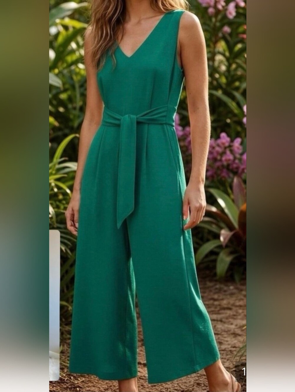 Calvin Klein Meadow Green Sleeveless V-Neck Jumpsuit with Tie Belt, Size 4